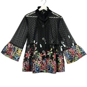 Dome Inc Black Mesh Ruffle Collar Floral Embroidered Kimono Jacket XL
